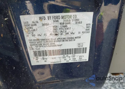 2006 Ford F-150 Lariat/Xl/Xlt z USA, uszkodzony, nr VIN 1FTPX12V66NB87667